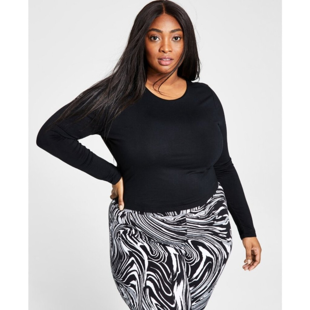 Bar III Women's Plus Size 1X Black Bodycon Long-Sleeved Jersey Top NWT